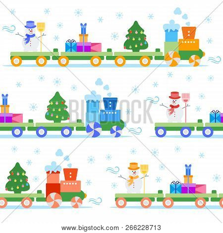Seamless Pattern With Christmas Train Carries Christmas Tree, Snowman With Broom, Gifts. Happy New Y