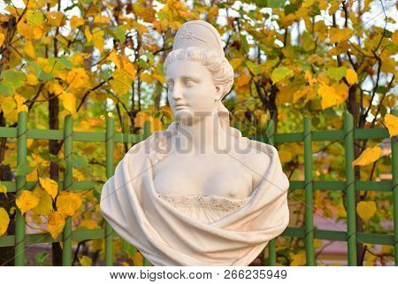 Statue Of Allegory Peace In Summer Garden At Evening, St.petersburg, Russia.