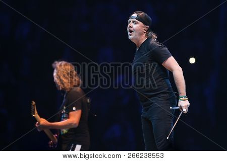 ALBANY, NY - OCTOBER 29: Lars Ulrich Hetfield of Metallica performs in concert at Times Union Center on October 29, 2018 in Albany, New York.  