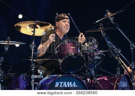 ALBANY, NY - OCTOBER 29: Lars Ulrich of Metallica performs in concert at Times Union Center on October 29, 2018 in Albany, New York.  