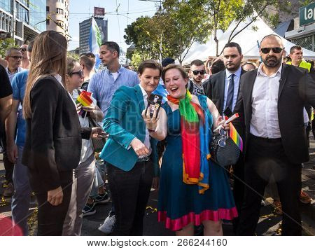 Belgrade, Serbia - September 16, 2018:  Prime Minister Ana Brnabic (on The Left) Taking A Selfie Wit