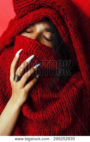 Young Pretty Indian Girl In Red Sweater Posing Emotional, Fashio