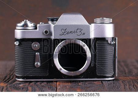 Moscow, Russia, April 20, 2017. The Old Soviet 35 Mm Slr Camera Zenit 3m, Released1968.