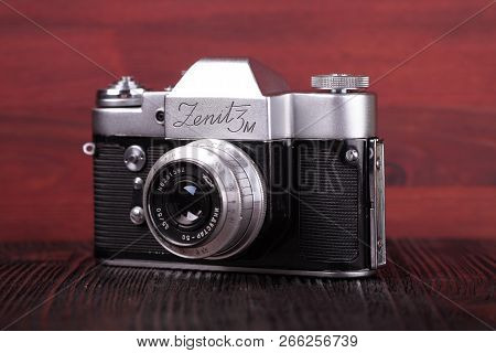 Moscow, Russia, April 20, 2017. The Old Soviet 35 Mm Slr Camera Zenit 3m, Released1966.