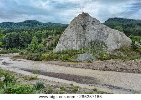 Natural Salt Formation In Lopatari, Buzau, Romania Against Cloudy Sky