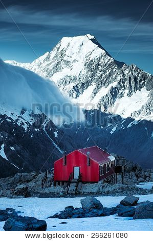 Winter Landscape View Of Red Mountain Hut And Mt Cook Peak, Nz