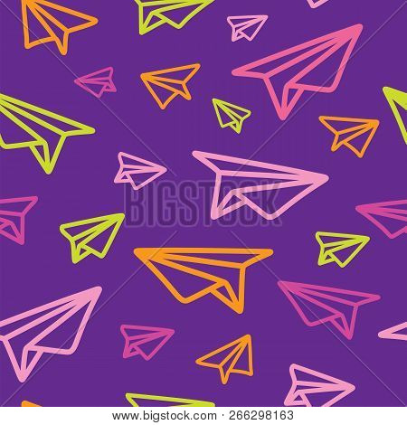 Colorful Paper Planes On Purple Background Seamless Pattern