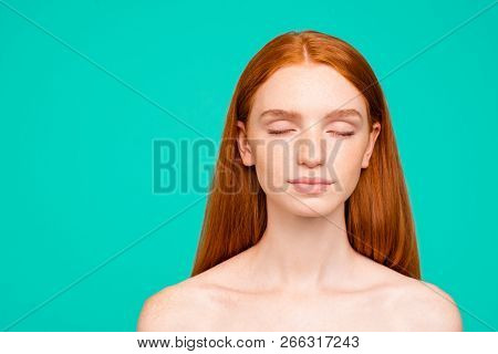 Beauty And Health Concept. Close-up Portrait Of Nice Sweet Calm Attractive Red-haired Girl With Shin