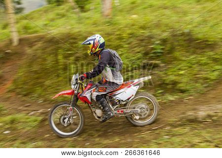Pedernales, Manabi, Ecuador -  December 9, 2017: Biker Racing In The Baja Pedernales Off Road Race
