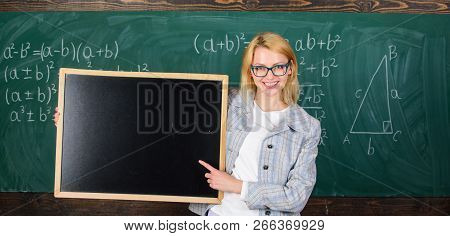 Teacher Show School Information. Teacher Smart Smiling Woman Hold Blackboard Blank Advertisement Cop