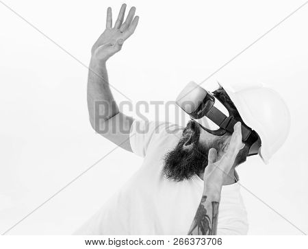 Man With Beard In Vr Glasses And Helmet, White Background. Virtual Reality Concept. Guy With Head Mo