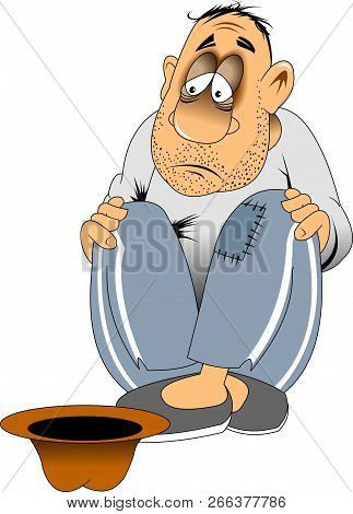 Beggar In Holey Pants Requests Coin, Vector And Illustration