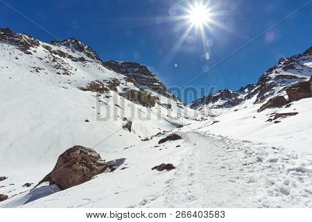 Refuge Toubkal Les Mouflons , Douar Aremd, Imlim, Morocco. Refuge Du Toubkal In Snow View From The T