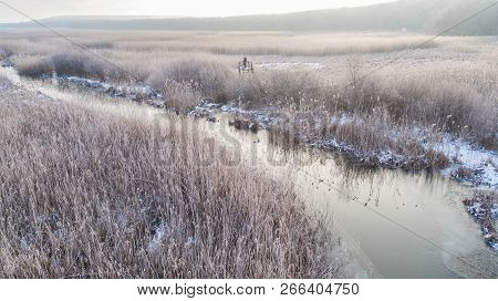 Lake In Winter. Location: Comana Natural Park, Romania. Aerial View