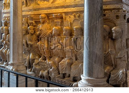 Milan, Italy - 09 May 2018: Interior Of The Church Of Santambrogio. In The Church Of Sant Ambrogio T