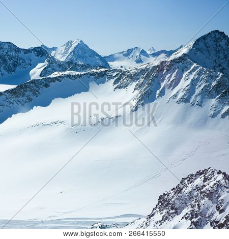 Winter Landscape - Panorama Of The Ski Resort With Ski Slopes. Alps. Austria. Pitztaler Gletscher. W