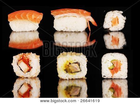 Sushi samling, isolerad på svart bakgrund