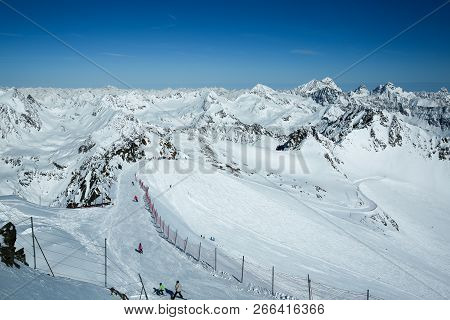 Winter Landscape - Panorama Of The Ski Resort With Ski Slopes And Ski Lifts. Alps. Austria. Pitztale