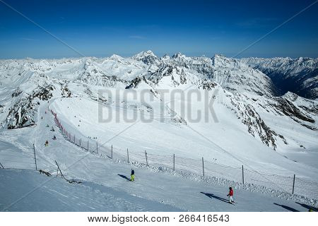 Winter Landscape - Panorama Of The Ski Resort With Ski Slopes And Ski Lifts. Alps. Austria. Pitztale