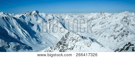 Winter Landscape - Panorama Of The Ski Resort Pitztaler Gletscher. Wildspitzbahn. Alps. Austria.