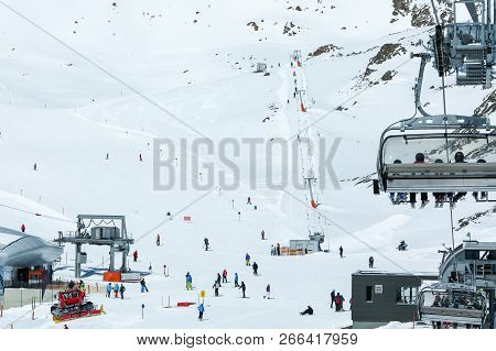Winter Landscape - Panorama Of The Ski Resort With Ski Slopes And Ski Lifts. Alps. Austria. Pitztale