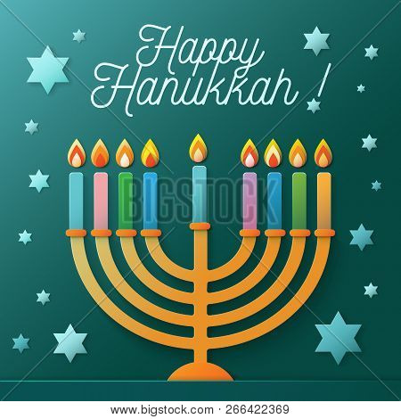 Happy Hanukkah Vector Illustration With Menorah And David Stars