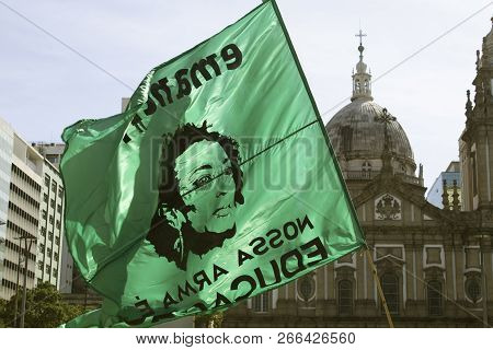 Rio De Janeiro, Brazil. October 21, 2018: A Flag With Face Of Marielle Franco (brazilian Politician)