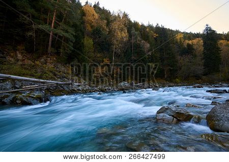 Mountain River With Rifts And Green Water. Bolshoy Zelenchuk River.