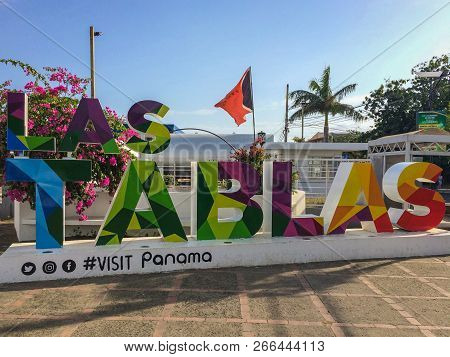 Las Tablas, Panama - March 2018: Famous Colorful Name Sign Of The City Las Tablas In  Republic Of Pa