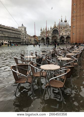 Venice, Italy - 1 November 2018: San Marco square under water, city has been flooded by waters rising 156 cm
