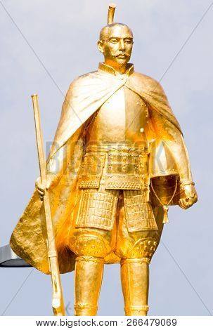 Gifu, Japan - October 3, 2015: Golden Statue Of Famous Warlord And City Founder Oda Nobunaga In Fron
