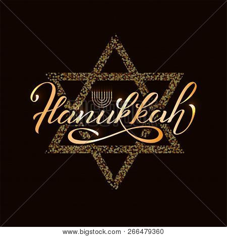 Inscription Happy Hanukkah With Menorah And Candelabrum. Logotype, Badge And Icon Typography. Callig