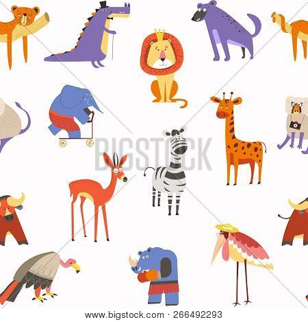 Animals Seamless Pattern, Lion And Zebra, Macaque And Elephant Vector.