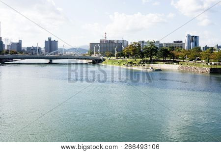 Kitakyushu, Japan - October 29, 2016: View Of Murasaki River Near In The City Of Kitakyushu