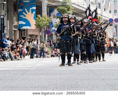 Gifu, Japan - October 4, 2015: Historical Reenactment Arquebus Firearms Squad During The 59th Annual