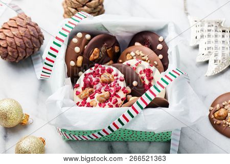 Chocolate Mediants, Bites, Candies In A Gift Box For Christmas And New Year Celebration. Close Up.