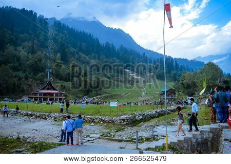 Solang Valley, Manali, Himachal Pradesh, India October 26 2017: Tourists Walking Around On Ski Groun