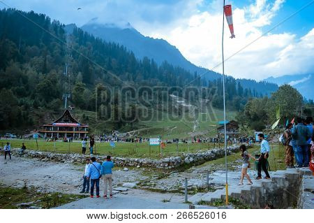 Solang Valley, Manali, Himachal Pradesh, India October 26 2017: Tourists Walking Around On Ski Groun