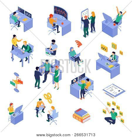 Set Of Isometric Icons Programmers At Work Place During Coding Debugging Or Software Testing Isolate