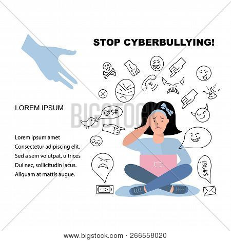 Vector Illustration, Help Teenager To Solve Problems With Cyberbyllying. Cyberbullying, Trolling Con