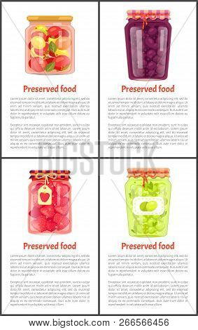 Preserved Fruit And Vegetables Set Vector Illustration. Pickled Olive And Tomato And Sweet Blueberry