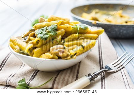 Pasta Pene With Chicken Pieces Mushrooms Parmesan Cheese Sauce And Herb Decoration. Pene Con Pollo -