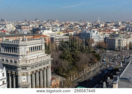 Madrid, Spain - January 24, 2018:  Amazing Panoramic View Of City Of Madrid From Circulo De Bellas A