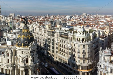 Madrid, Spain - January 24, 2018:  Amazing Panoramic View Of City Of Madrid From Circulo De Bellas A