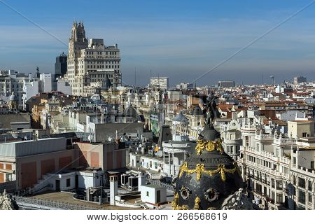 Madrid, Spain - January 24, 2018:  Amazing Panoramic View Of City Of Madrid From Circulo De Bellas A