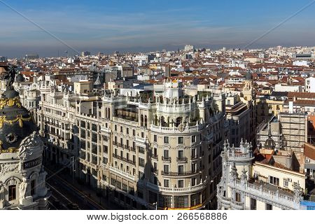 Madrid, Spain - January 24, 2018:  Amazing Panoramic View Of City Of Madrid From Circulo De Bellas A