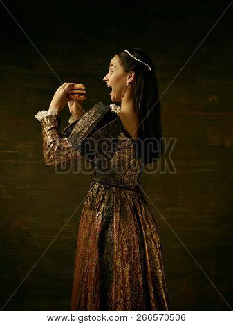 Girl In Medieval Beautiful Dress Or Costume Of The Countess At Dark Studio.