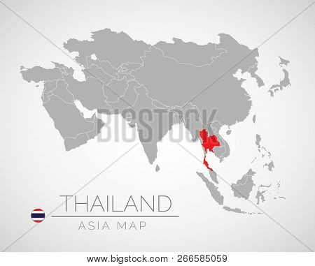 Map Of Asia With The Identication Of Thailand. Map Of South Thailand. Political Map Of Asia In Gray 