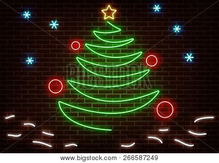 Neon Happy New Year Light. Party Sign Light Vector Isolated On Dark Red Brick Wall. Christmas Tree, 