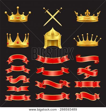 Vector Ancient Armorial Symbols. King And Monarch Crown And Diadem, Knight Gold Helmet And Sword, He